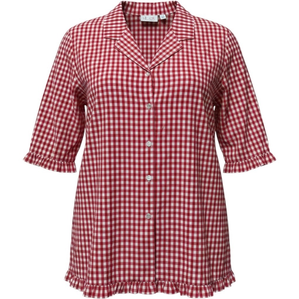 Denim & Co Button Up Top Wms 1X Red Gingham Ruffle Hem Sleeve Picnic Cottagecore